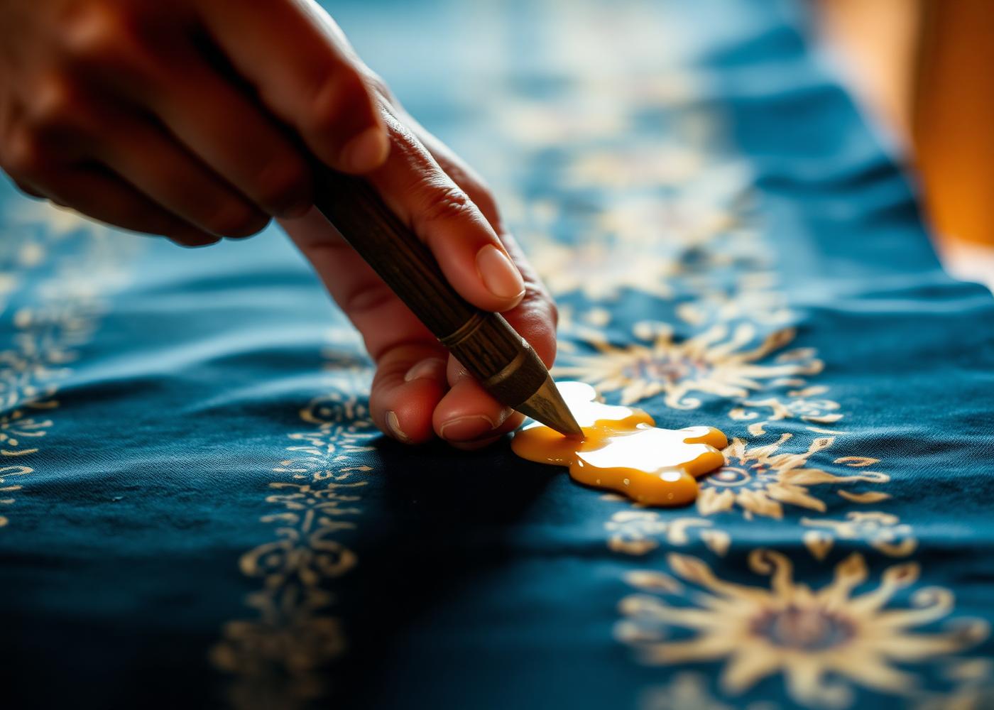 Artisan applying hot wax to batik fabric with a canting tool